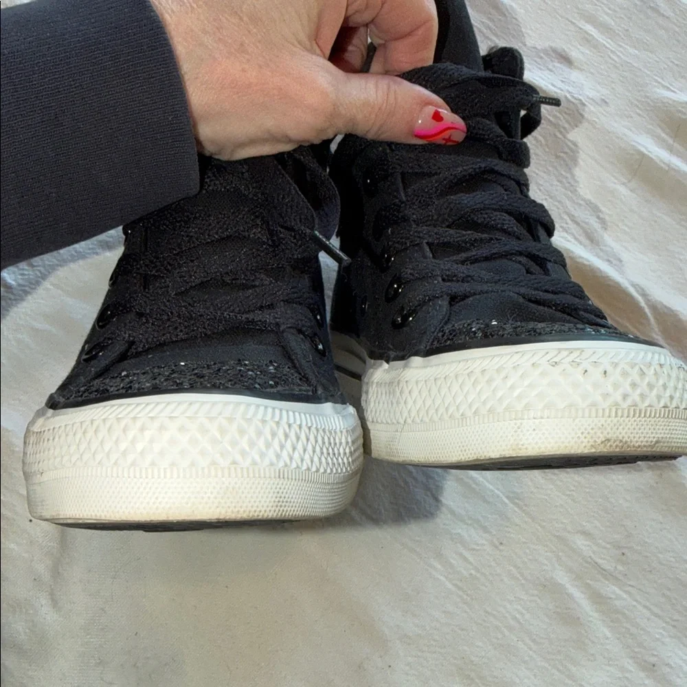Converse Chuck Taylor All Star Black High Top Glitter Toe Zipper Kids Sneakers
